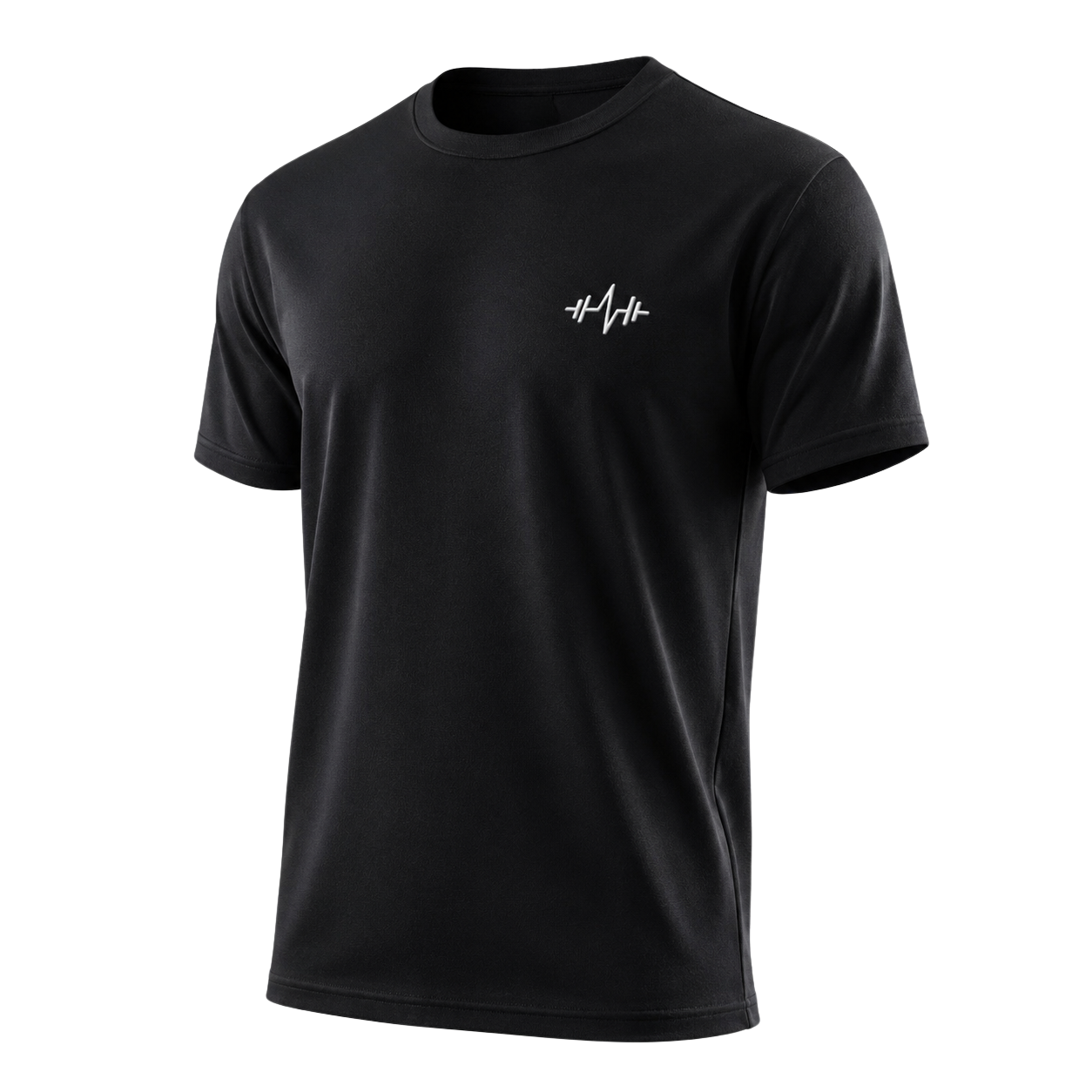 Black performance tee photographed as a sculptural product